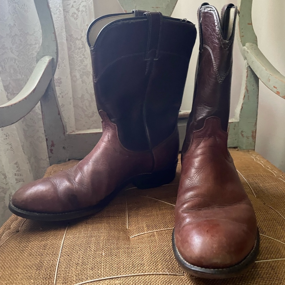 Laredo Men's Two Tone Chestnut Br Leather Cowboy Boots Round Toe Mid Calf size 9